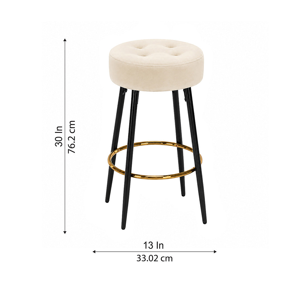 Zorel Beige Tufted Backless Counter Height Bar Stool with Black Metal Legs & Gold Footrest