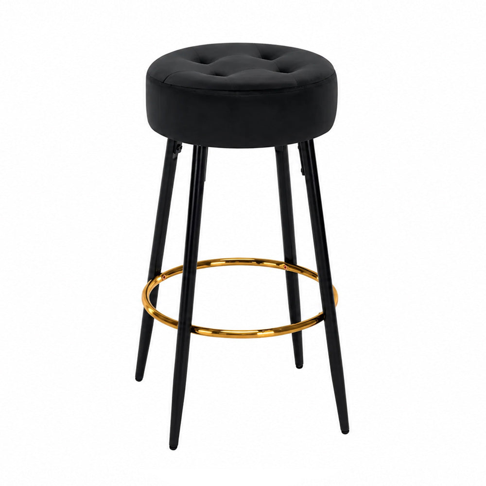 Zorel Black Tufted Backless Counter Height Bar Stool with Black Metal Legs & Gold Footrest