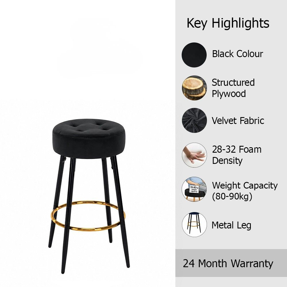 Zorel Black Tufted Backless Counter Height Bar Stool with Black Metal Legs & Gold Footrest