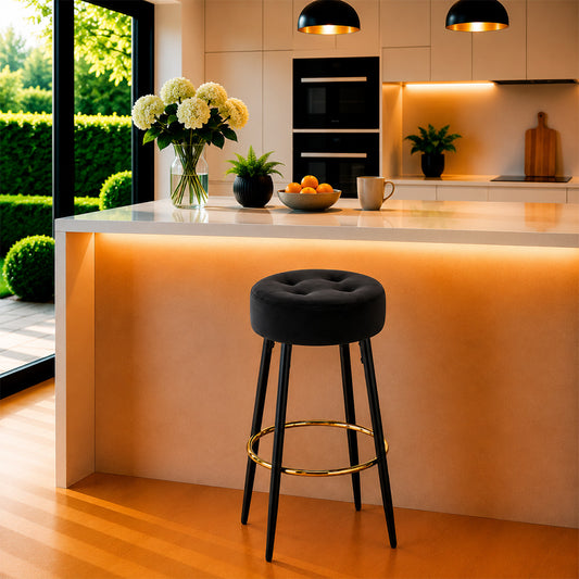 Zorel Black Tufted Backless Counter Height Bar Stool with Black Metal Legs & Gold Footrest