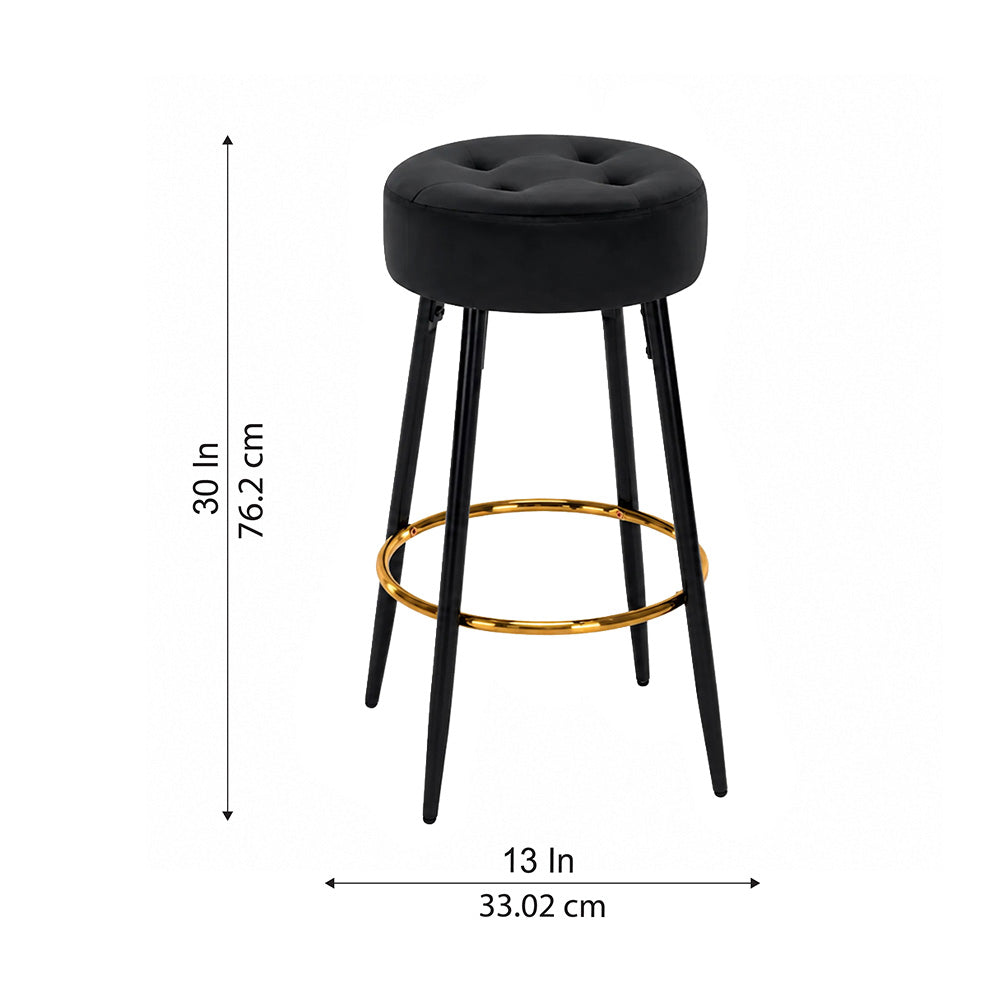 Zorel Black Tufted Backless Counter Height Bar Stool with Black Metal Legs & Gold Footrest