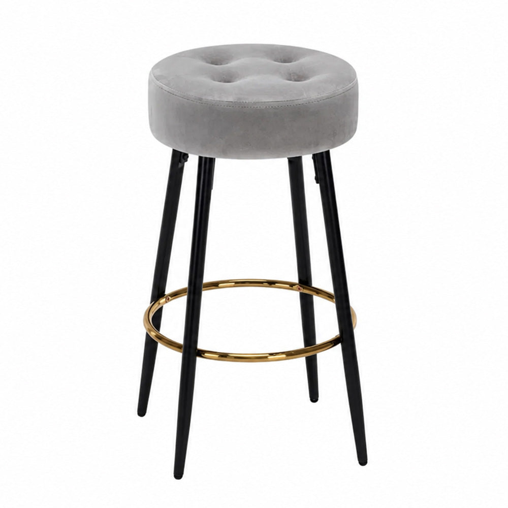 Zorel Grey Tufted Backless Counter Height Bar Stool with Black Metal Legs & Gold Footrest