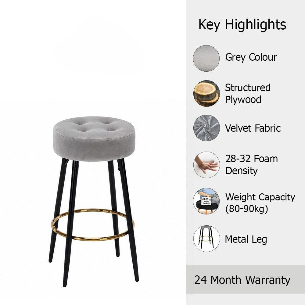 Zorel Grey Tufted Backless Counter Height Bar Stool with Black Metal Legs & Gold Footrest