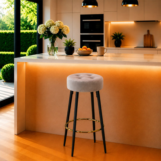 Zorel Grey Tufted Backless Counter Height Bar Stool with Black Metal Legs & Gold Footrest