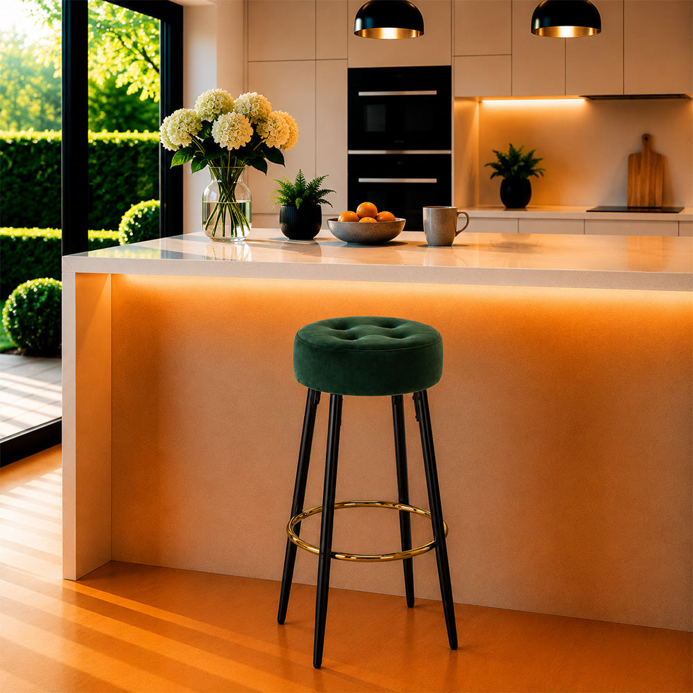 Zorel Geeen Tufted Backless Counter Height Bar Stool with Black Metal Legs & Gold Footrest