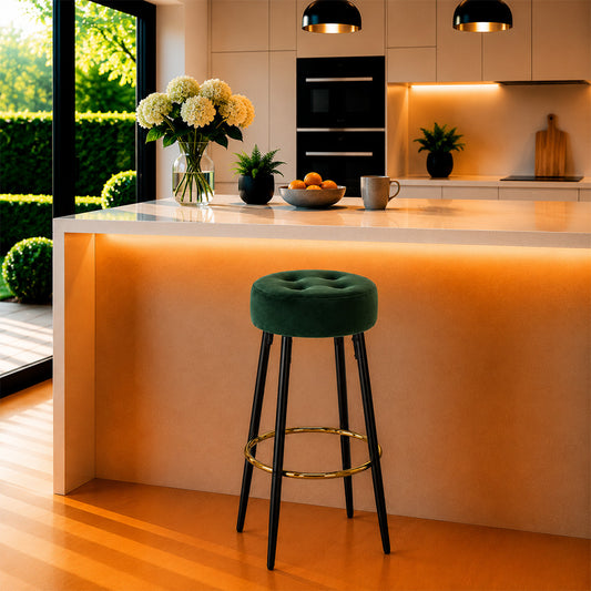 Zorel Geeen Tufted Backless Counter Height Bar Stool with Black Metal Legs & Gold Footrest