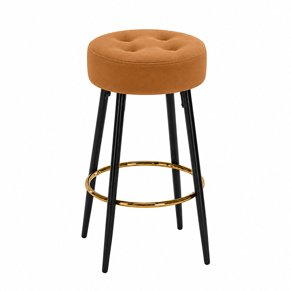 Zorel Brown Tufted Backless Counter Height Bar Stool with Black Metal Legs & Gold Footrest