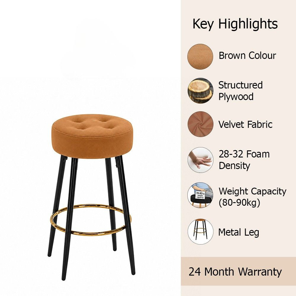 Zorel Brown Tufted Backless Counter Height Bar Stool with Black Metal Legs & Gold Footrest