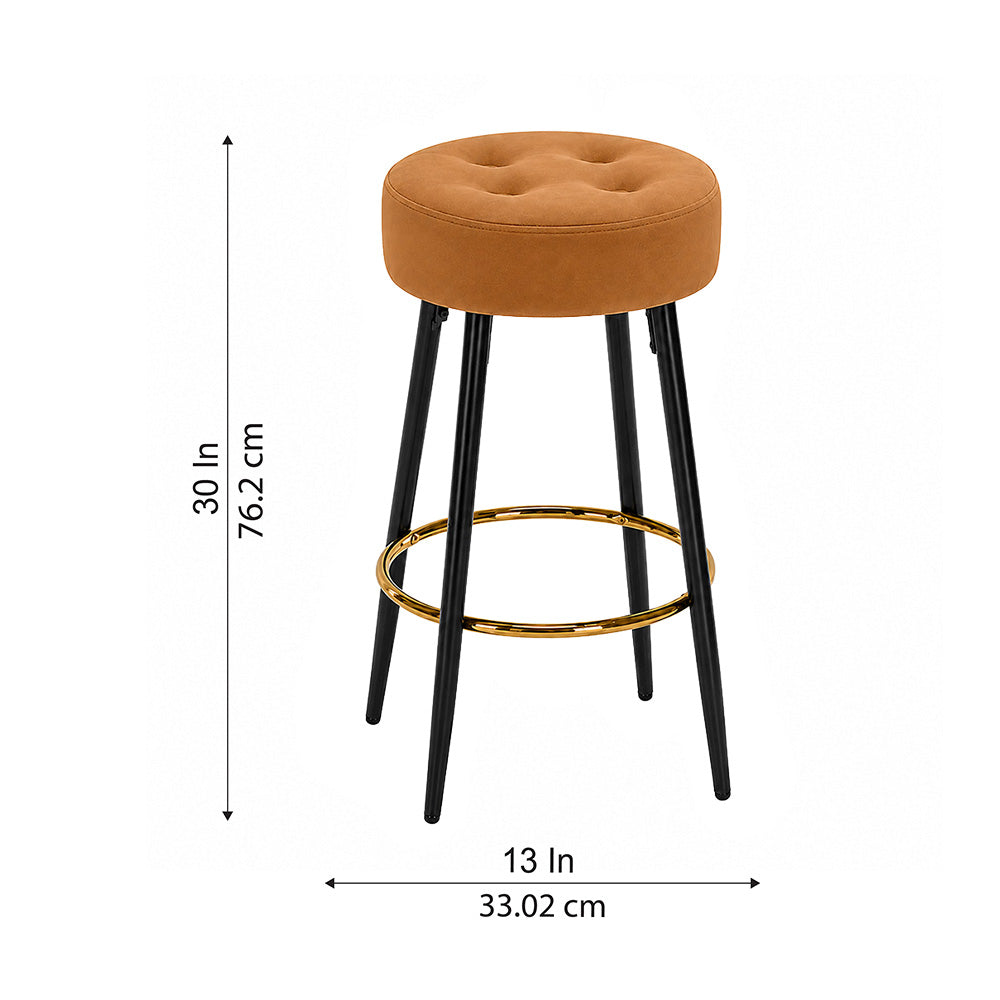 Zorel Brown Tufted Backless Counter Height Bar Stool with Black Metal Legs & Gold Footrest