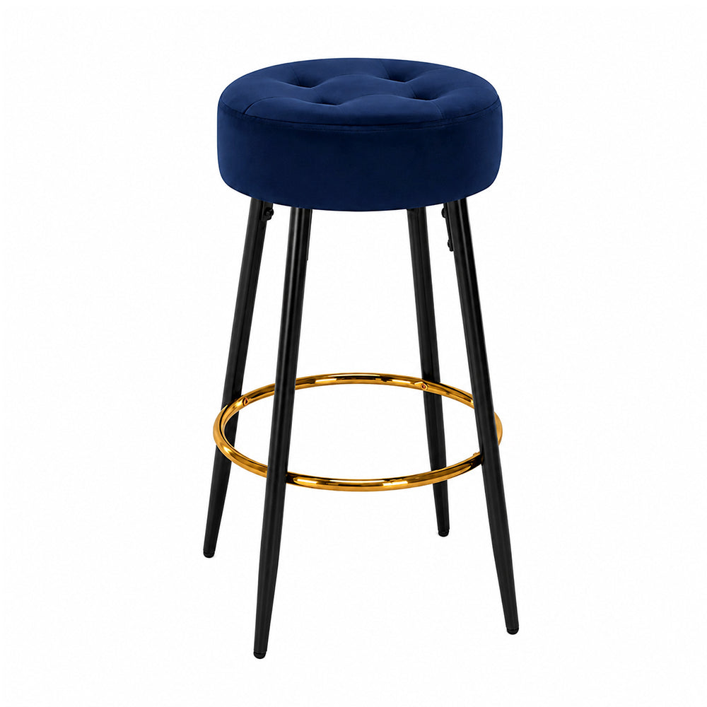 Zorel Blue Tufted Backless Counter Height Bar Stool with Black Metal Legs & Gold Footrest