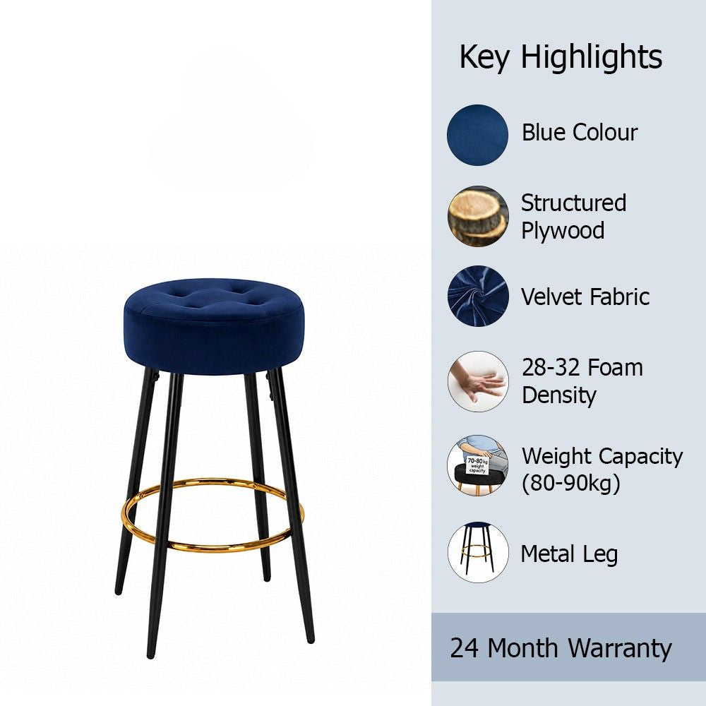 Zorel Blue Tufted Backless Counter Height Bar Stool with Black Metal Legs & Gold Footrest