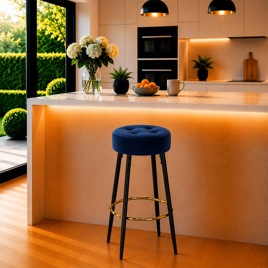 Zorel Blue Tufted Backless Counter Height Bar Stool with Black Metal Legs & Gold Footrest