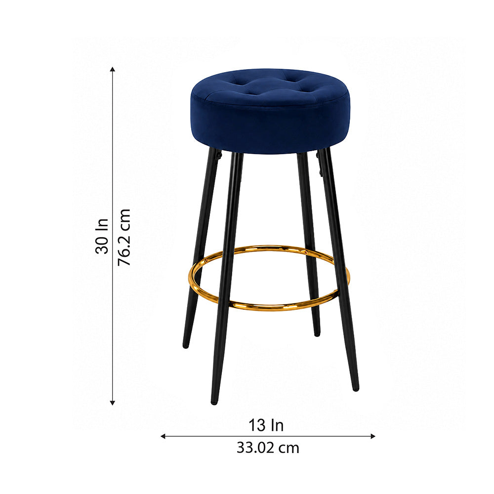 Zorel Blue Tufted Backless Counter Height Bar Stool with Black Metal Legs & Gold Footrest
