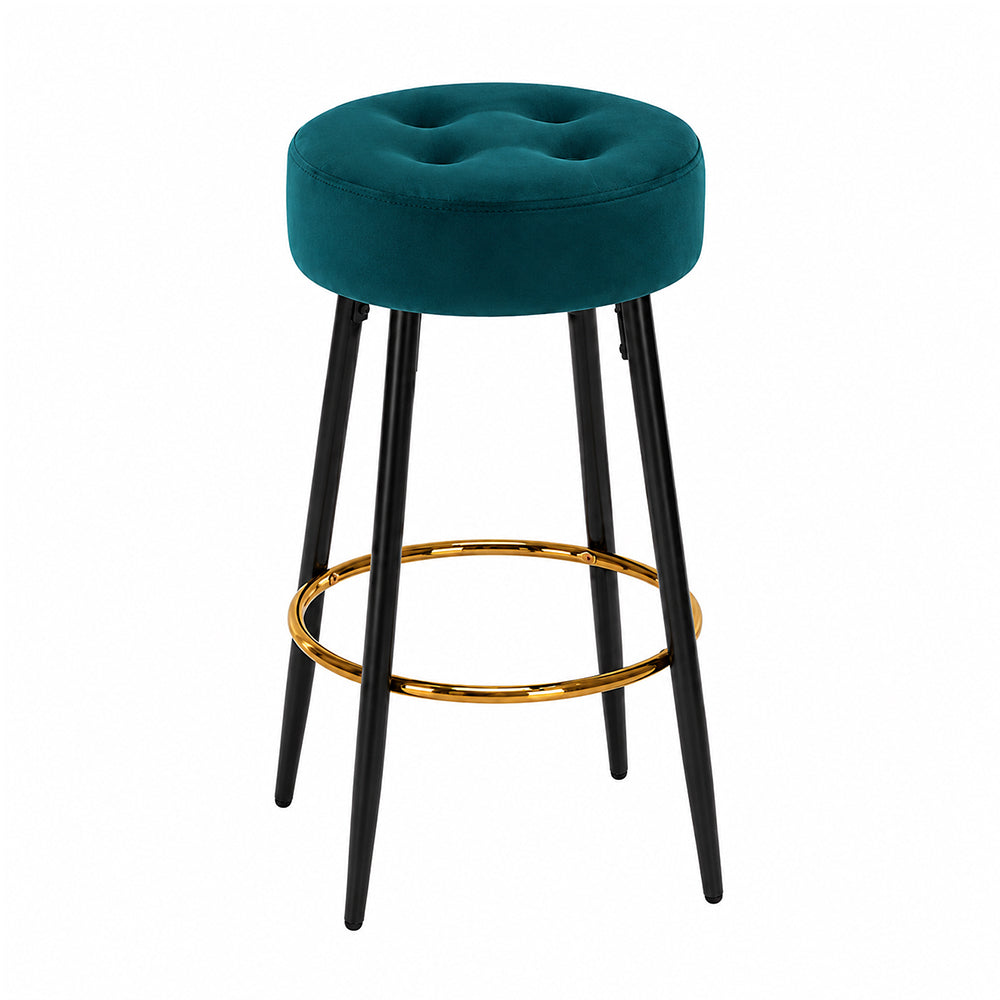 Zorel Teal Tufted Backless Counter Height Bar Stool with Black Metal Legs & Gold Footrest