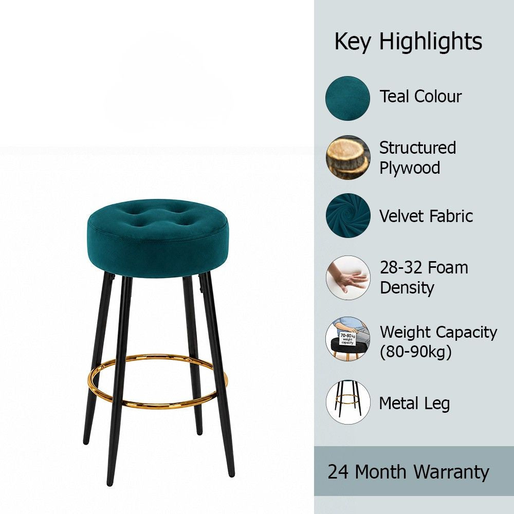 Zorel Teal Tufted Backless Counter Height Bar Stool with Black Metal Legs & Gold Footrest