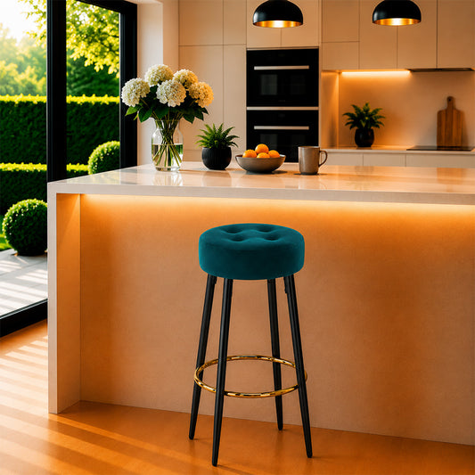 Zorel Teal Tufted Backless Counter Height Bar Stool with Black Metal Legs & Gold Footrest