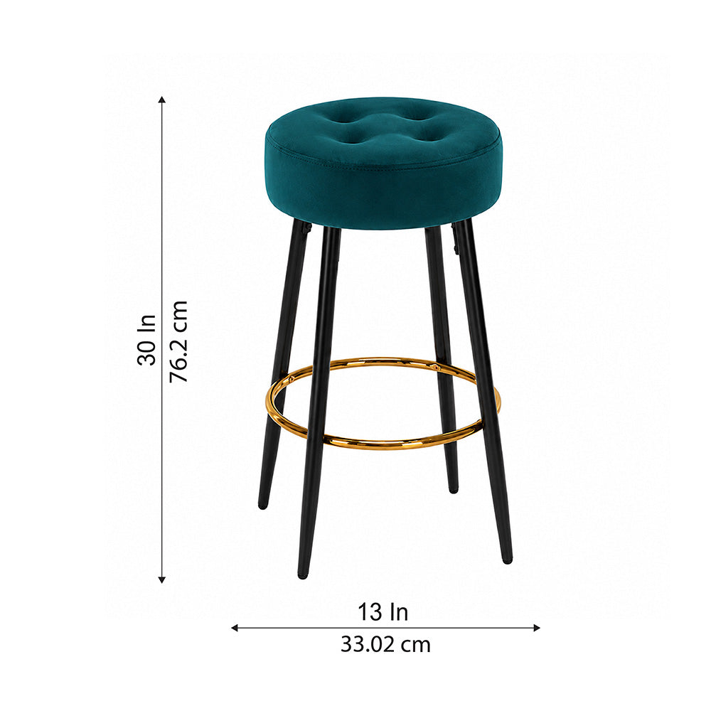 Zorel Teal Tufted Backless Counter Height Bar Stool with Black Metal Legs & Gold Footrest