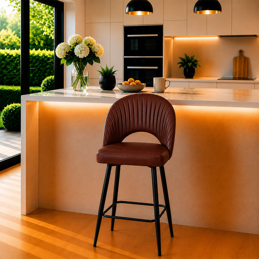 Vellor Brown Faux Leather Counter Height Bar Stool with Black Metal Legs