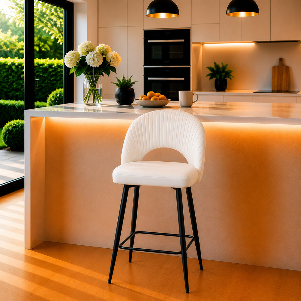 Vellor White Faux Leather Counter Height Bar Stool with Black Metal Legs
