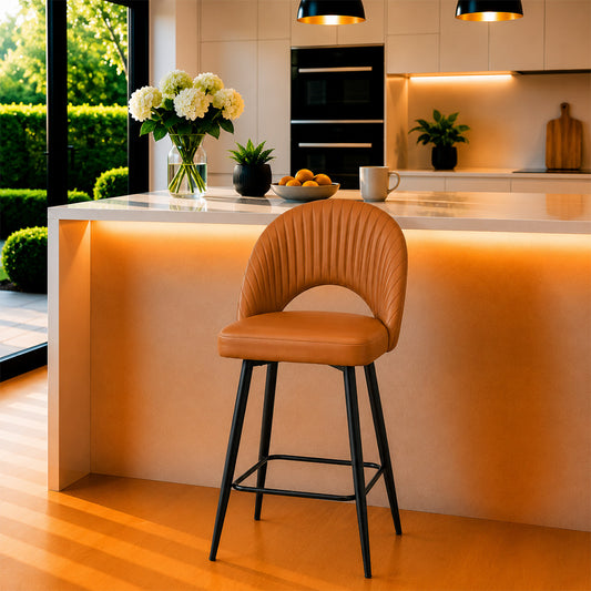 Vellor Tan Faux Leather Counter Height Bar Stool with Black Metal Legs
