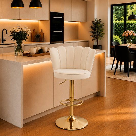 Lorven Beige Velvet Adjustable Swivel Bar Stool with Gold Hydraulic Base