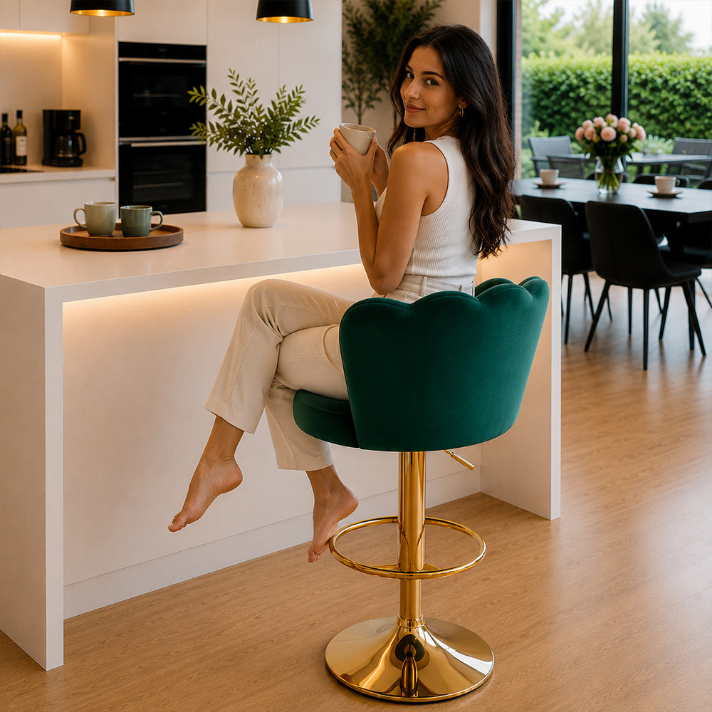 Lorven Teal Velvet Adjustable Swivel Bar Stool with Gold Hydraulic Base