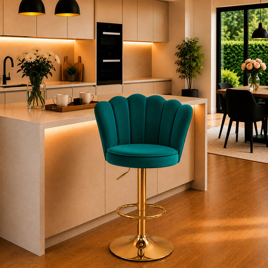 Lorven Teal Velvet Adjustable Swivel Bar Stool with Gold Hydraulic Base