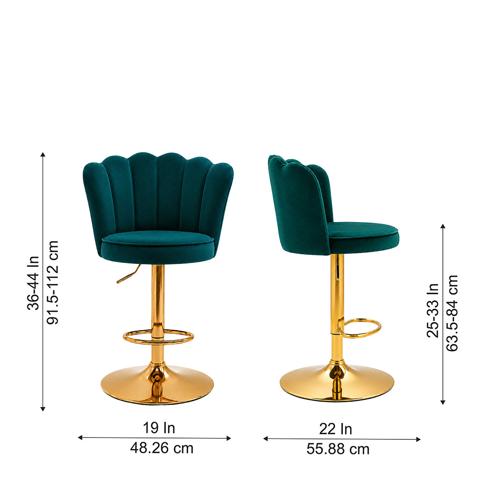 Lorven Teal Velvet Adjustable Swivel Bar Stool with Gold Hydraulic Base