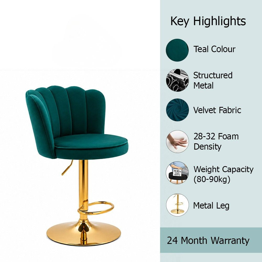 Lorven Teal Velvet Adjustable Swivel Bar Stool with Gold Hydraulic Base