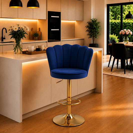 Lorven Blue Velvet Adjustable Swivel Bar Stool with Gold Hydraulic Base