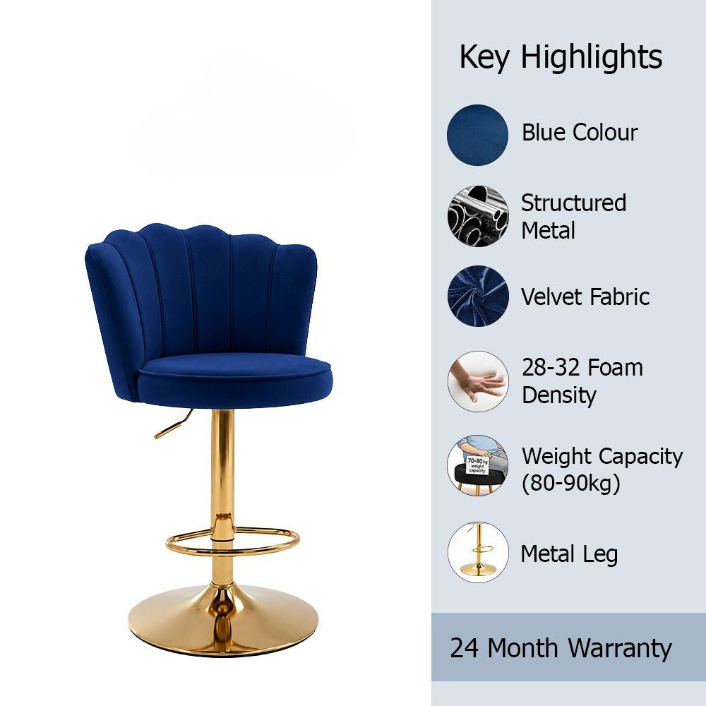 Lorven Blue Velvet Adjustable Swivel Bar Stool with Gold Hydraulic Base