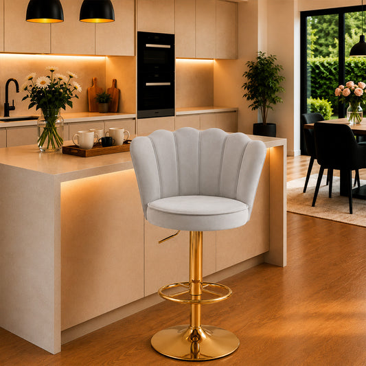 Lorven Grey Velvet Adjustable Swivel Bar Stool with Gold Hydraulic Base