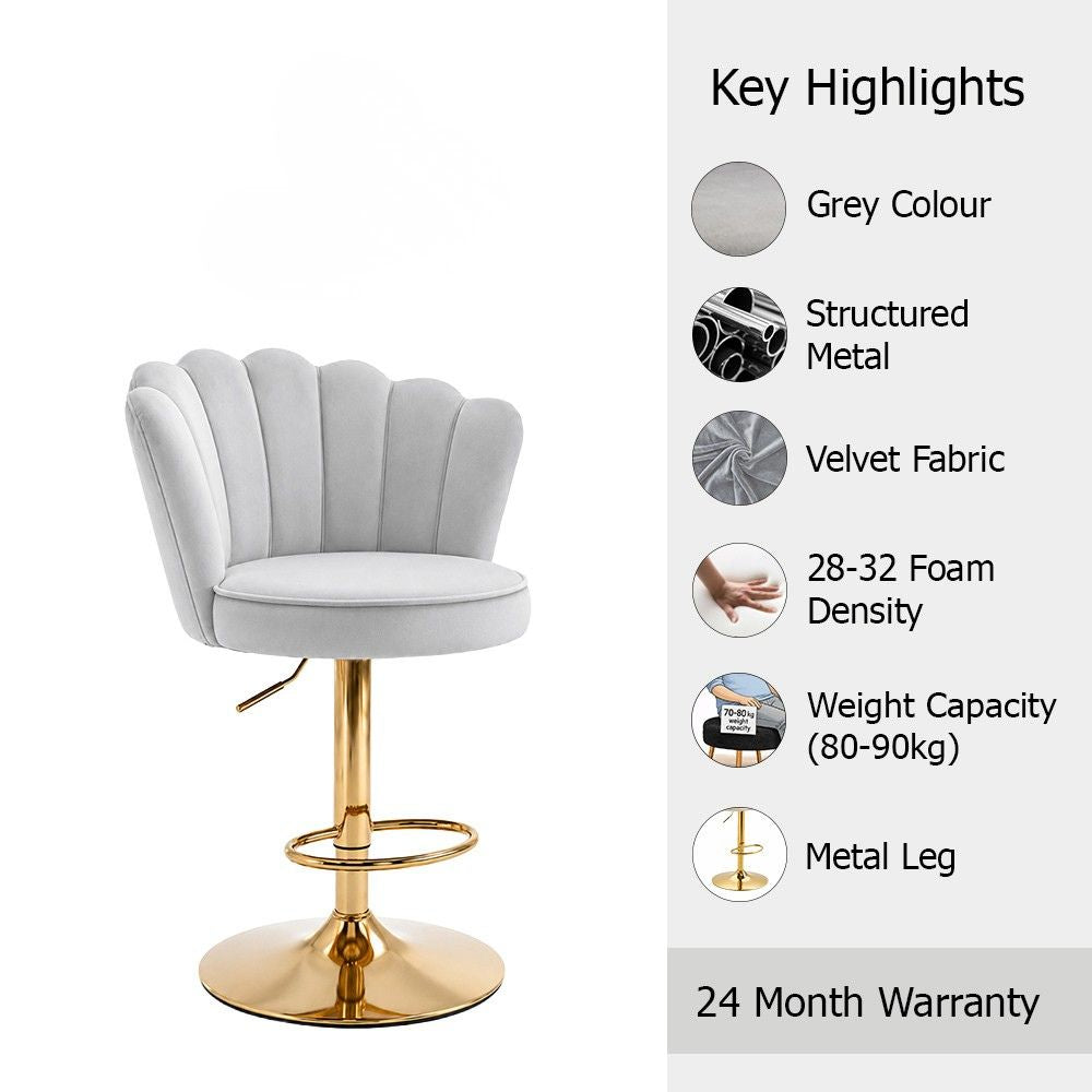 Lorven Grey Velvet Adjustable Swivel Bar Stool with Gold Hydraulic Base