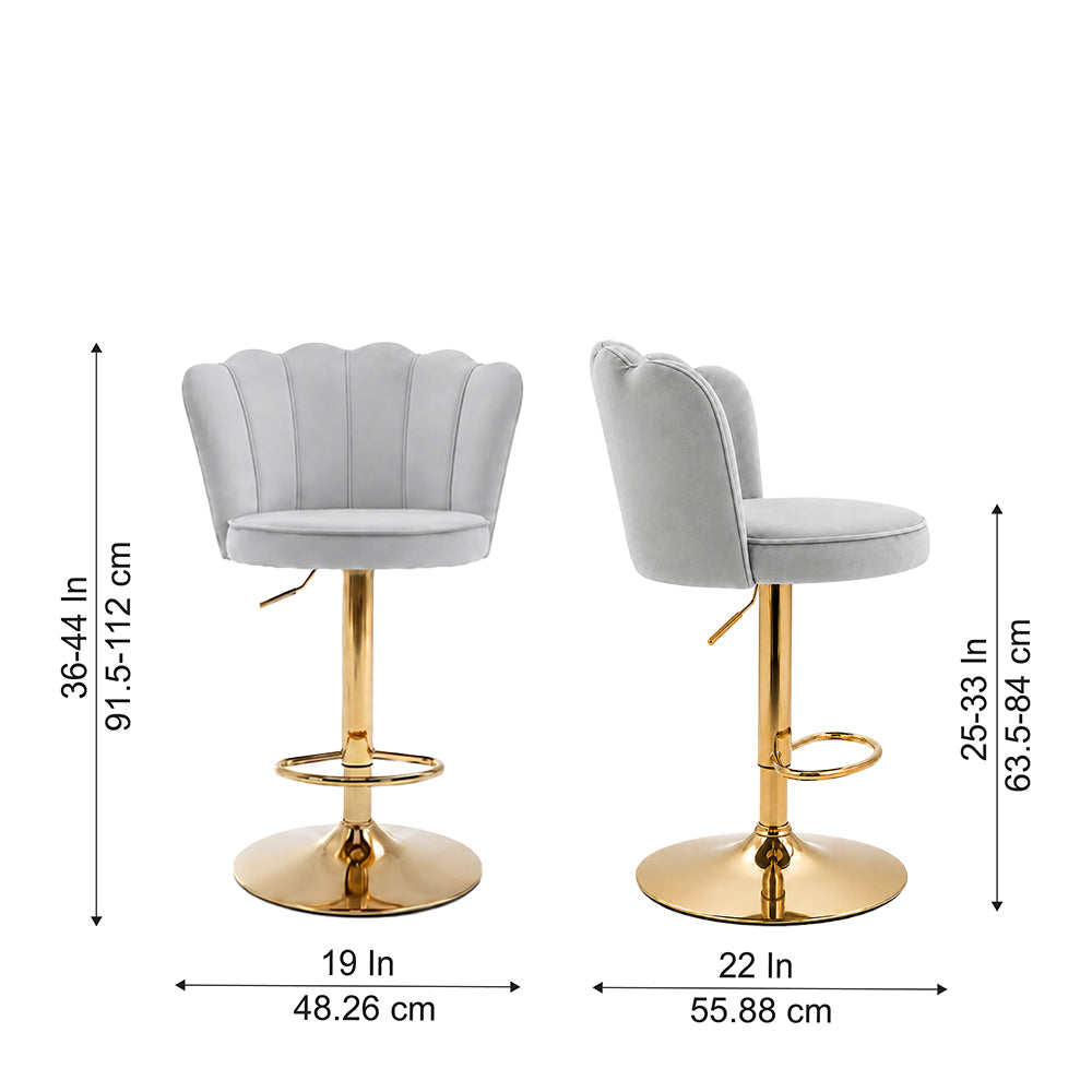 Lorven Grey Velvet Adjustable Swivel Bar Stool with Gold Hydraulic Base