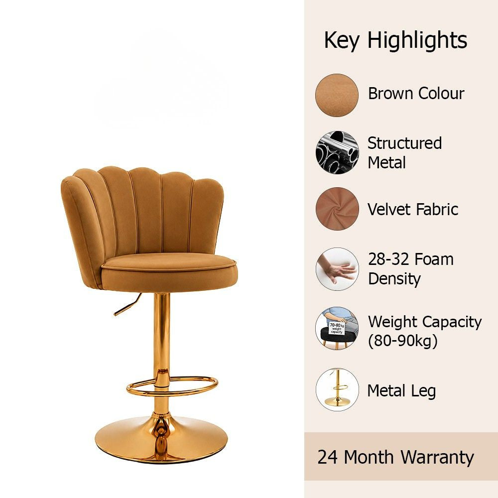 Lorven Brown Velvet Adjustable Swivel Bar Stool with Gold Hydraulic Base