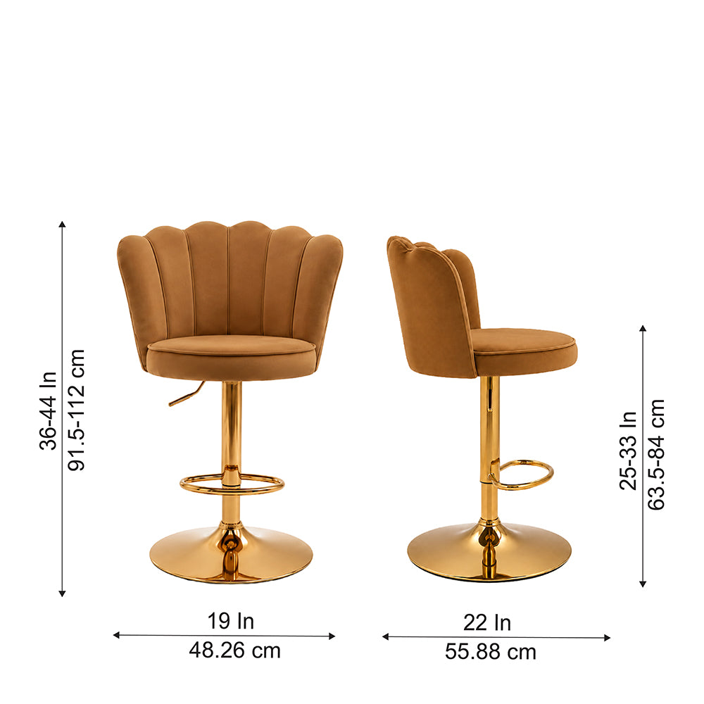 Lorven Brown Velvet Adjustable Swivel Bar Stool with Gold Hydraulic Base
