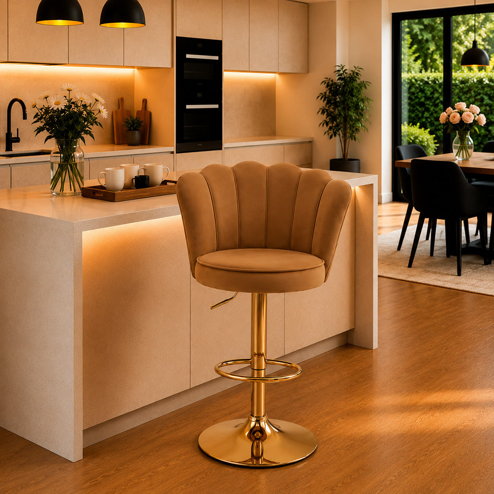 Lorven Brown Velvet Adjustable Swivel Bar Stool with Gold Hydraulic Base