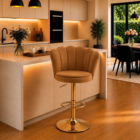 Lorven Brown Velvet Adjustable Swivel Bar Stool with Gold Hydraulic Base