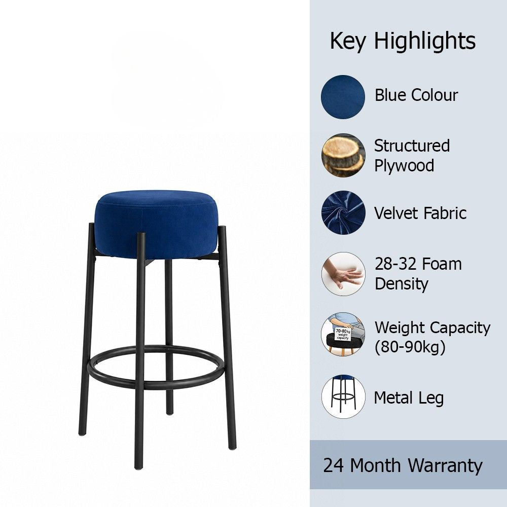 Rovik Blue Backless Upholstered Counter Height Bar Stool with Black Metal Frame