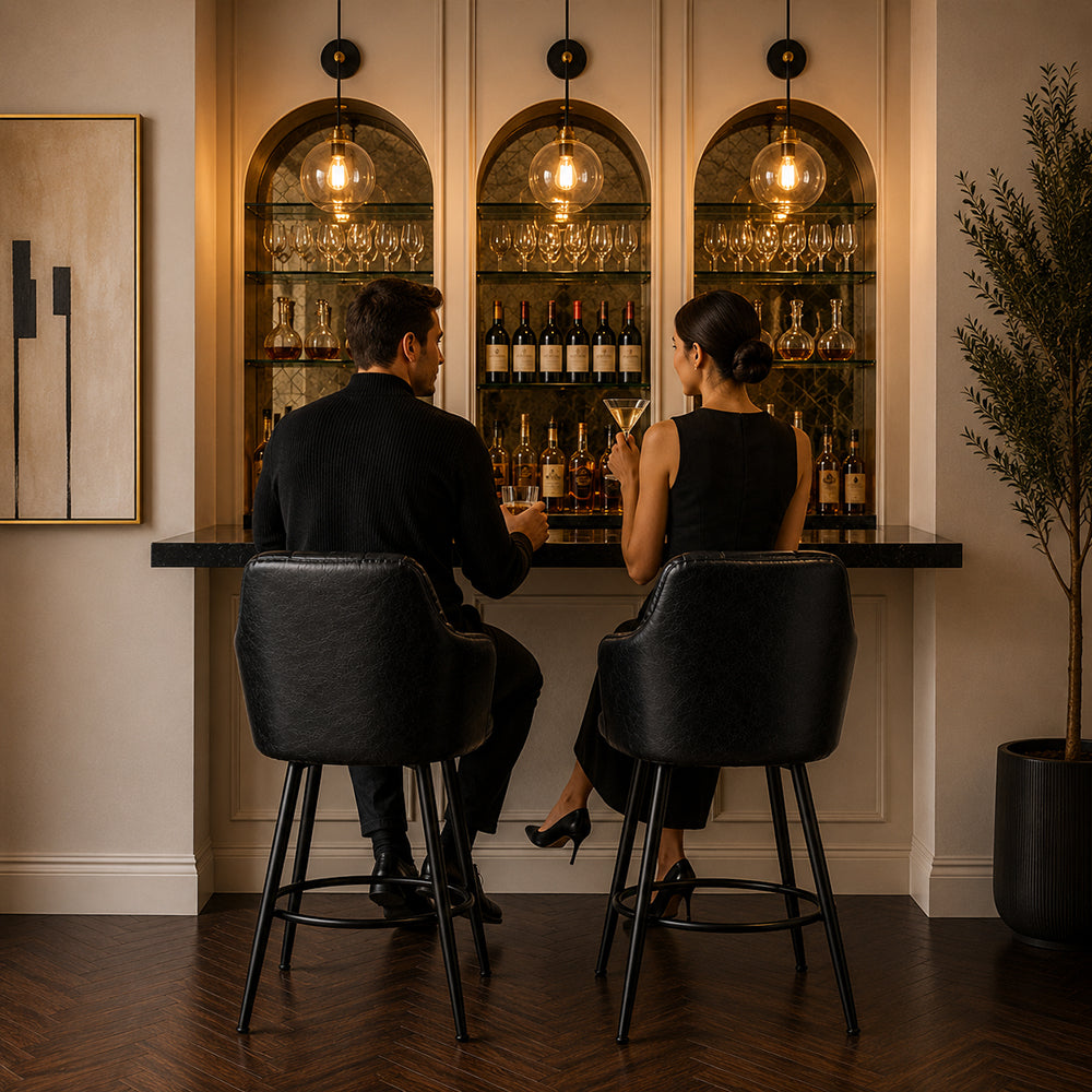 Kaelis Black Faux Leather Tufted Counter Height Bar Stool with Black Metal Legs