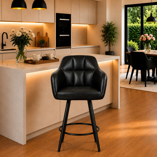 Kaelis Black Faux Leather Tufted Counter Height Bar Stool with Black Metal Legs