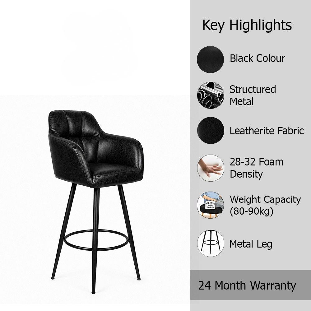 Kaelis Black Faux Leather Tufted Counter Height Bar Stool with Black Metal Legs