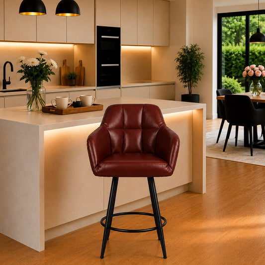 Kaelis Brown Faux Leather Tufted Counter Height Bar Stool with Black Metal Legs