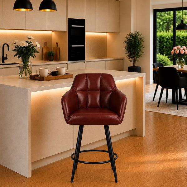 Kaelis Brown Faux Leather Tufted Counter Height Bar Stool with Black Metal Legs
