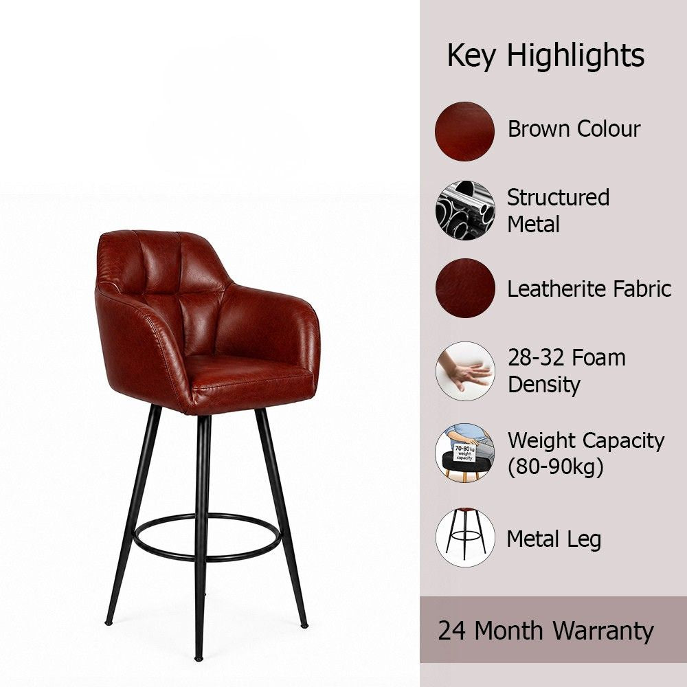 Kaelis Brown Faux Leather Tufted Counter Height Bar Stool with Black Metal Legs