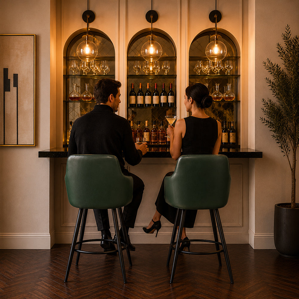Kaelis Green Faux Leather Tufted Counter Height Bar Stool with Black Metal Legs