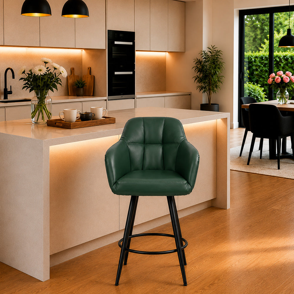 Kaelis Green Faux Leather Tufted Counter Height Bar Stool with Black Metal Legs