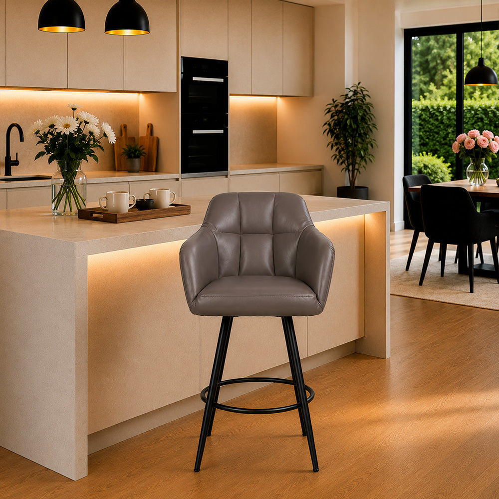 Kaelis Grey Faux Leather Tufted Counter Height Bar Stool with Black Metal Legs