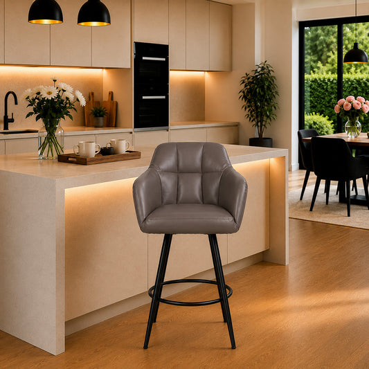 Kaelis Grey Faux Leather Tufted Counter Height Bar Stool with Black Metal Legs