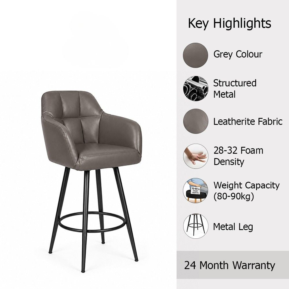 Kaelis Grey Faux Leather Tufted Counter Height Bar Stool with Black Metal Legs